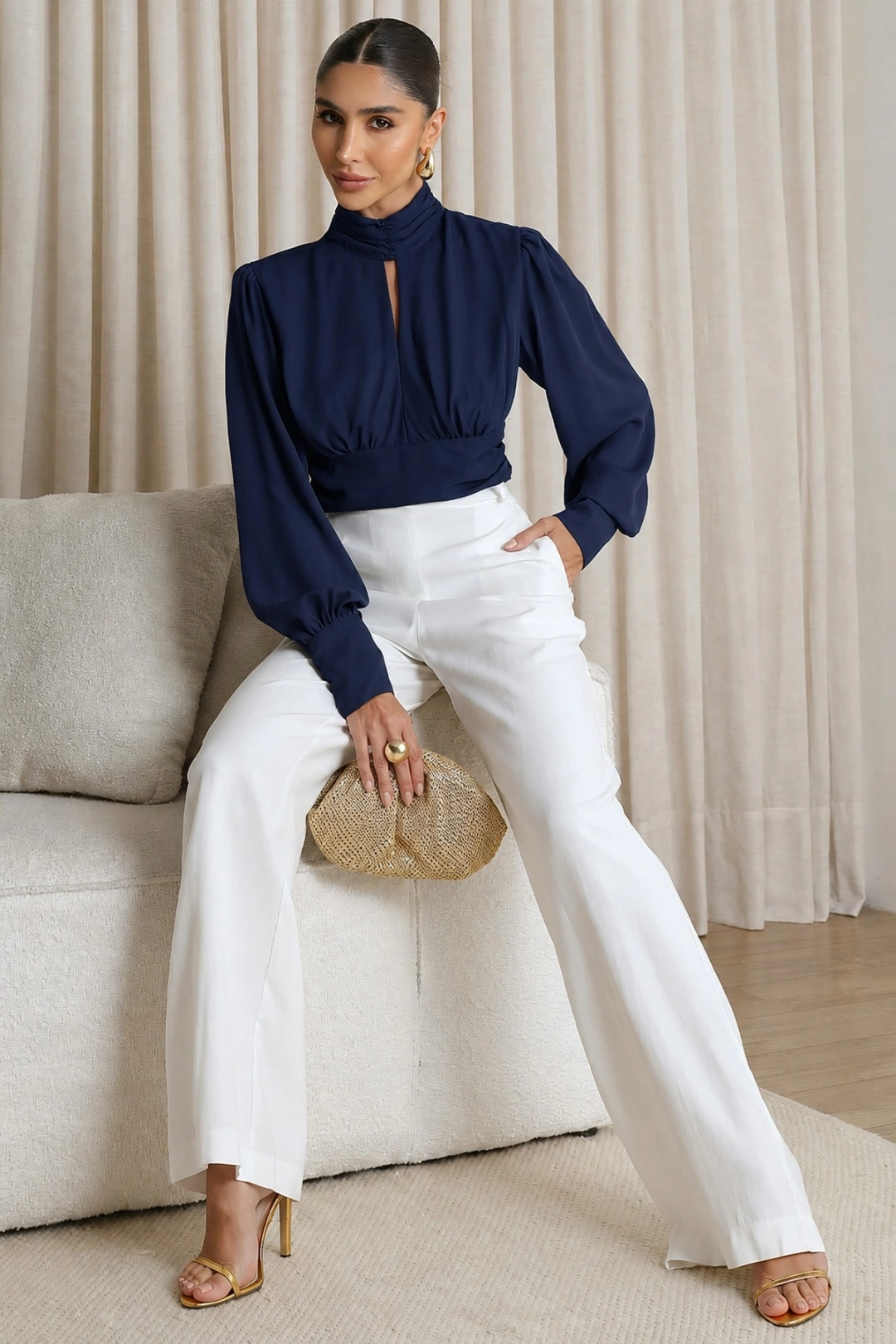 Miss Misses - Blusa Siena Cropped Miss Misses Manga Longa Chiffon Azul Marinho - 80524004