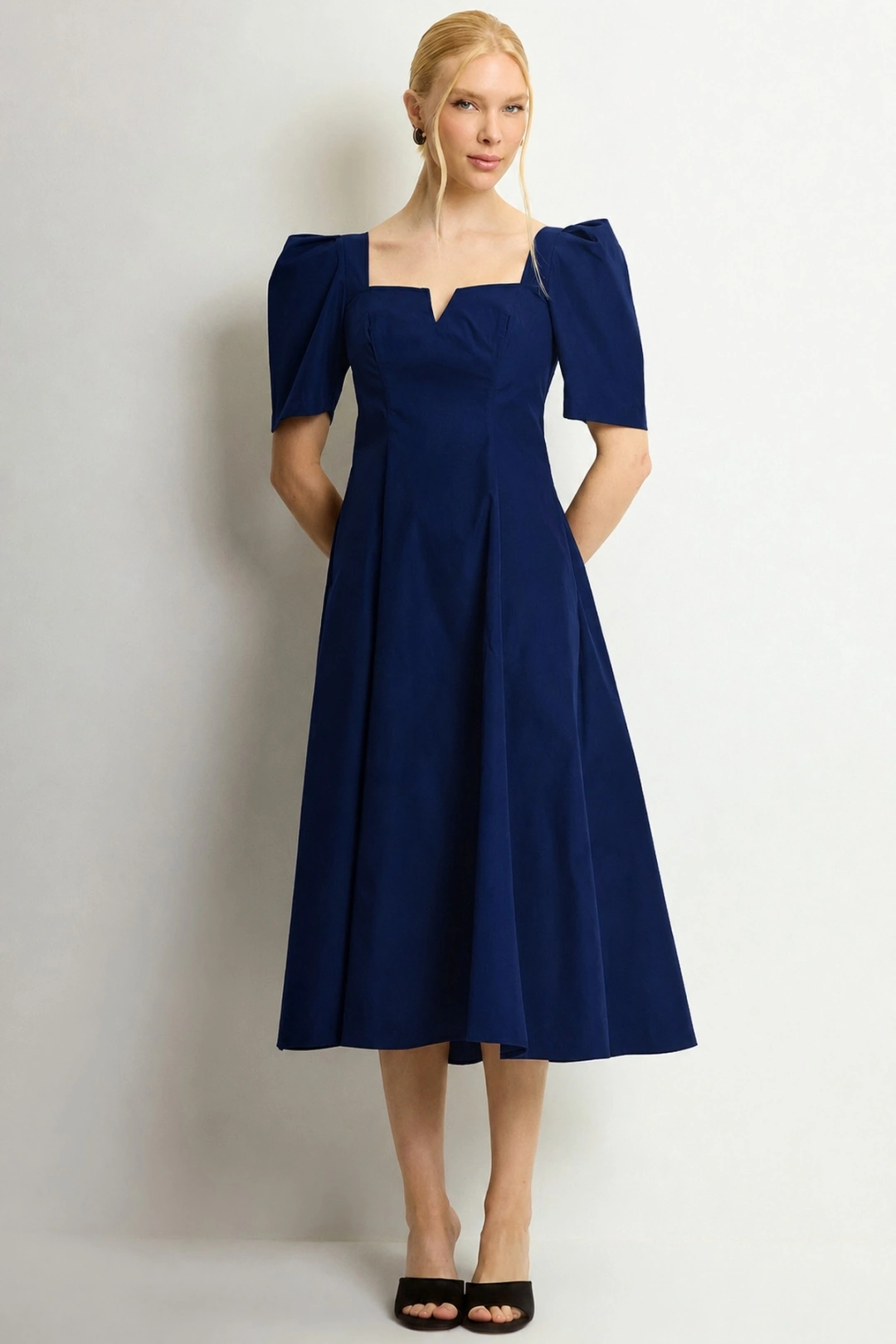 Miss Misses - Vestido Midi Dafny Rodado Com Mangas Bufantes Marinho - 54724004