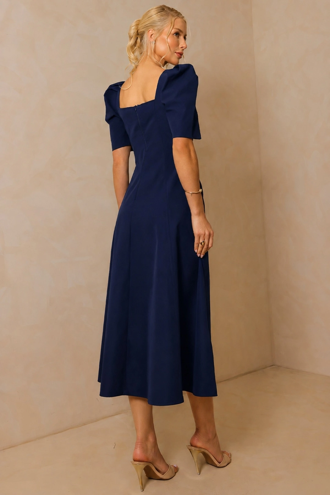 Miss Misses - Vestido Midi Dafny Rodado Com Mangas Bufantes Marinho - 54724004