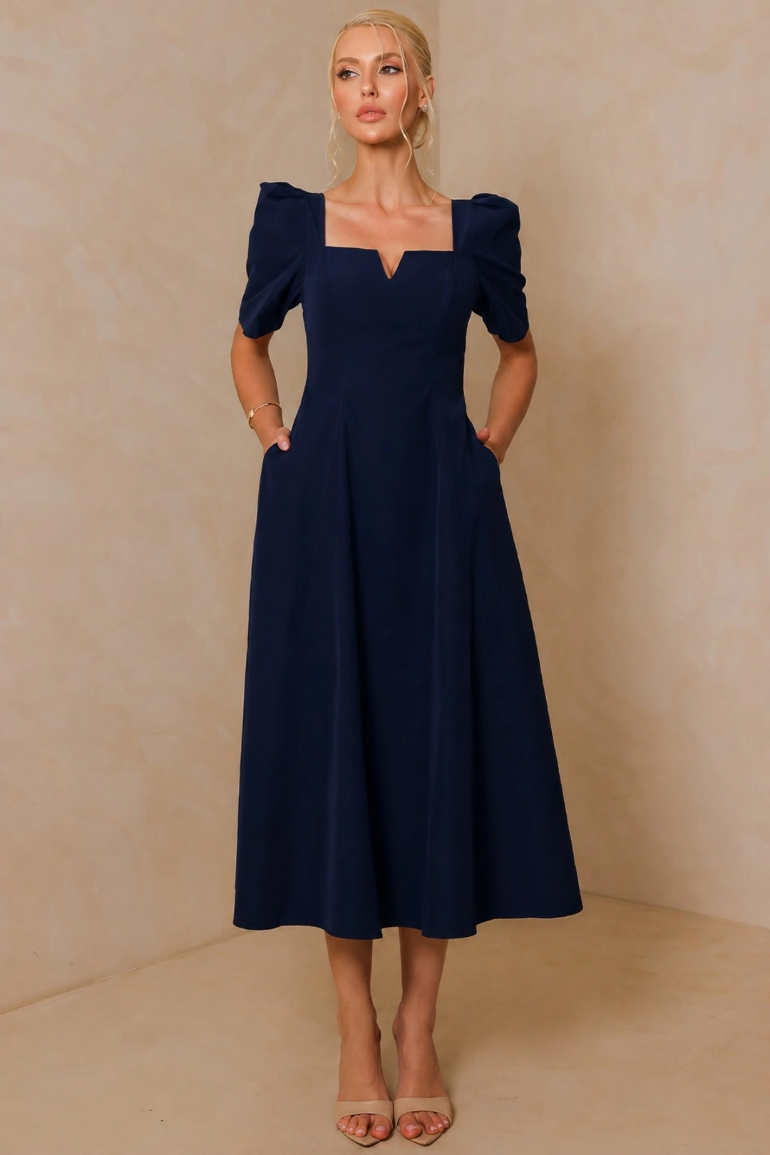 Miss Misses - Vestido Midi Dafny Rodado Com Mangas Bufantes Marinho - 54724004