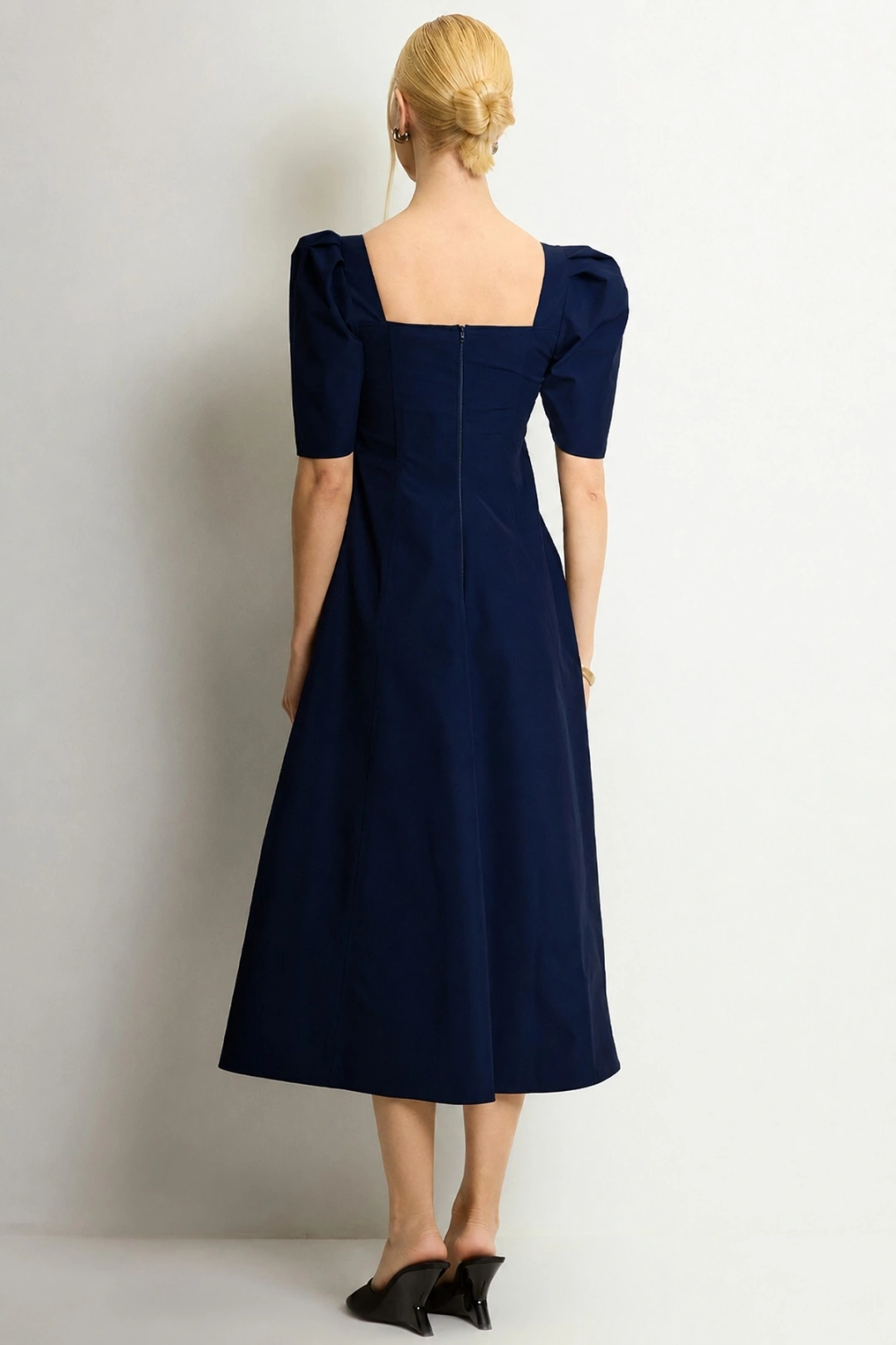 Miss Misses - Vestido Midi Dafny Rodado Com Mangas Bufantes Marinho - 54724004