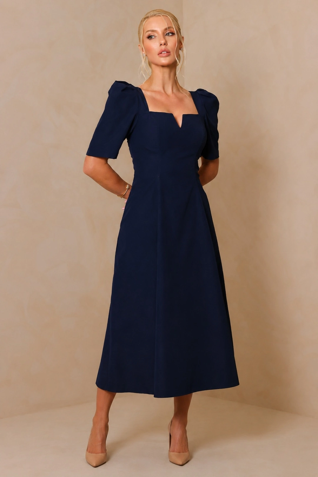 Miss Misses - Vestido Midi Dafny Rodado Com Mangas Bufantes Marinho - 54724004