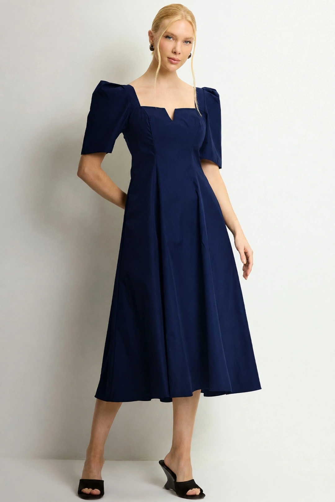 Miss Misses - Vestido Midi Dafny Rodado Com Mangas Bufantes Marinho - 54724004