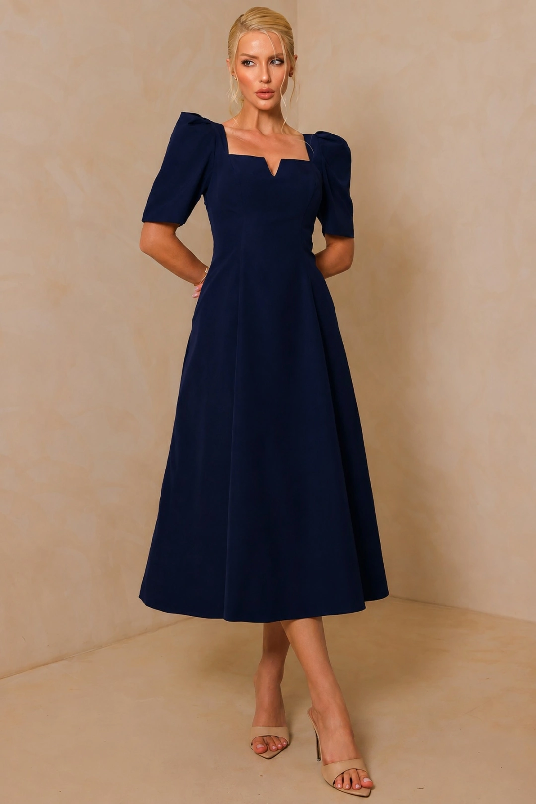 Miss Misses - Vestido Midi Dafny Rodado Com Mangas Bufantes Marinho - 54724004