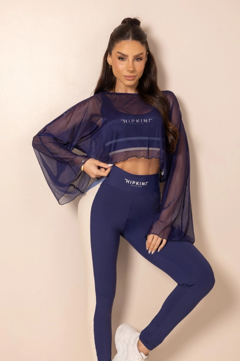 Hipkini - Blusa Fitness de Tule ClubHouse Manga Longa Azul - 33331979