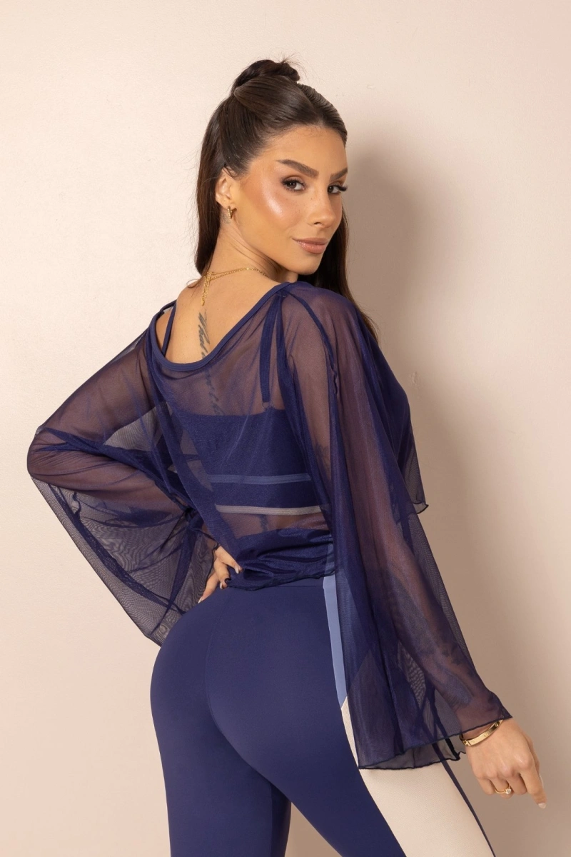 Hipkini - Blusa Fitness de Tule ClubHouse Manga Longa Azul - 33331979