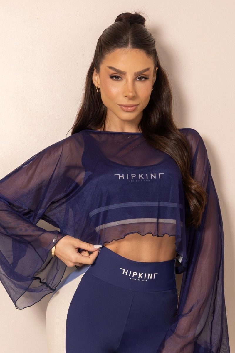 Hipkini - Blusa Fitness de Tule ClubHouse Manga Longa Azul - 33331979