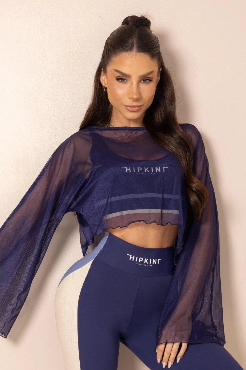 Hipkini - Blusa Fitness de Tule ClubHouse Manga Longa Azul - 33331979