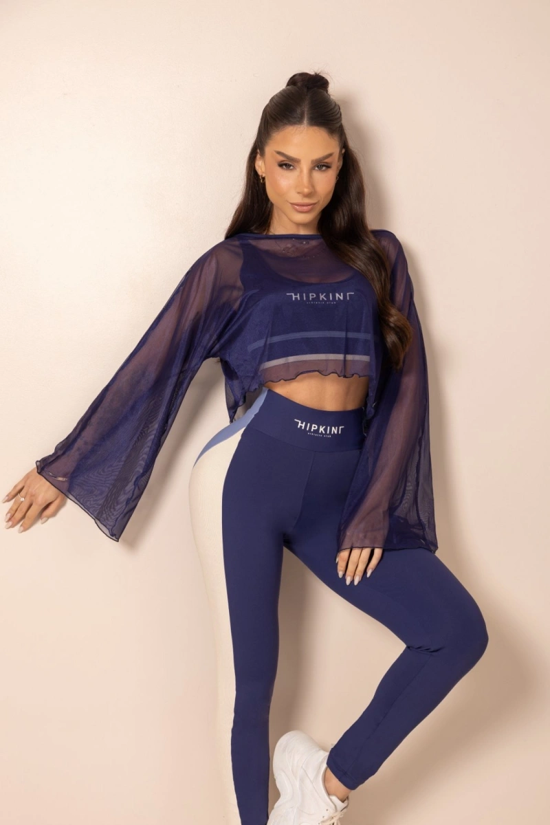 Hipkini - Blusa Fitness de Tule ClubHouse Manga Longa Azul - 33331979