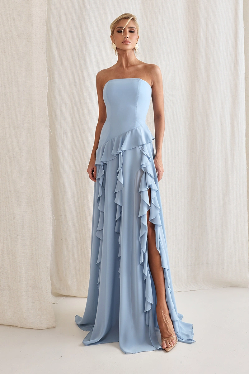 Dot Clothing - Vestido Longo Dot Clothing Romilda com Babado Azul Claro - 3089AZULCL