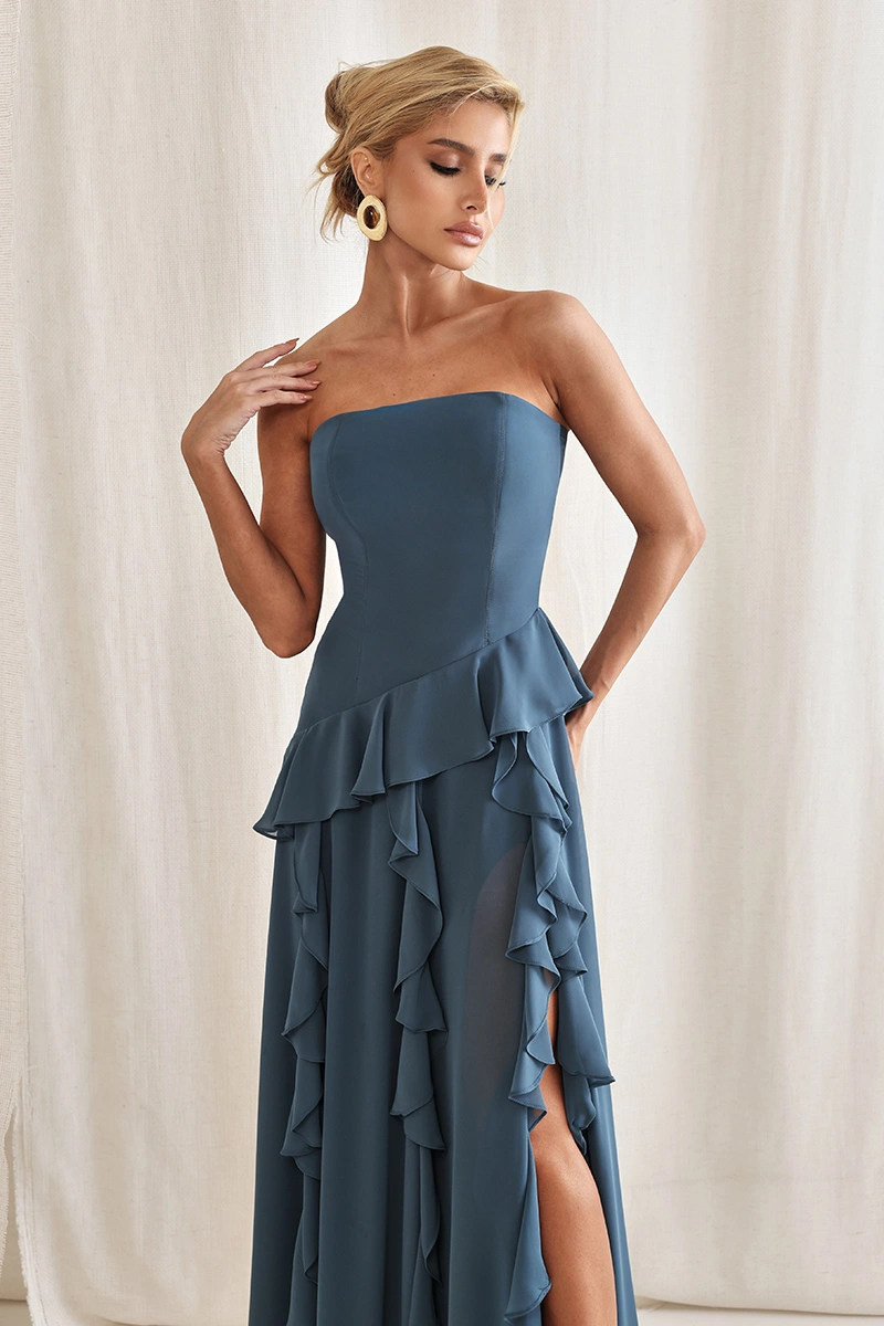 Dot Clothing - Vestido Longo Dot Clothing Romilda com Babado Azul Escuro - 3089AZESC