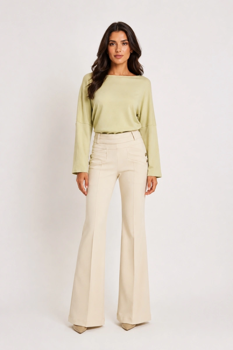 Hidrogênio - CALÇA FLARE COM LAPELAS AMORA CREME - 20359016
