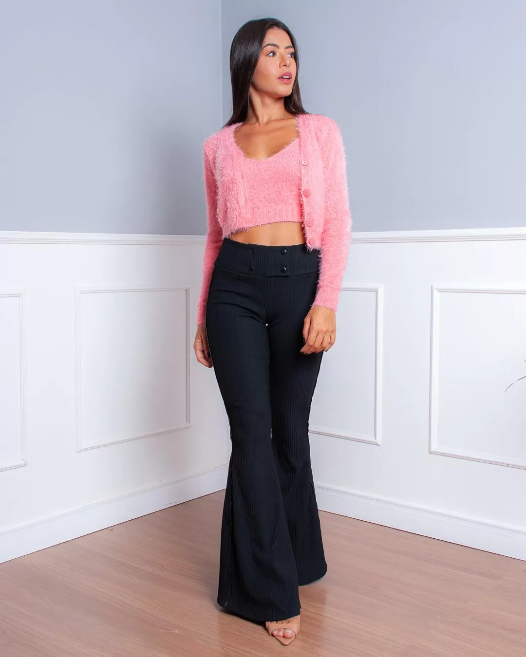 Miss Misses - Calça Miss Misses Boca Sino Com Botões Preto - 10006632