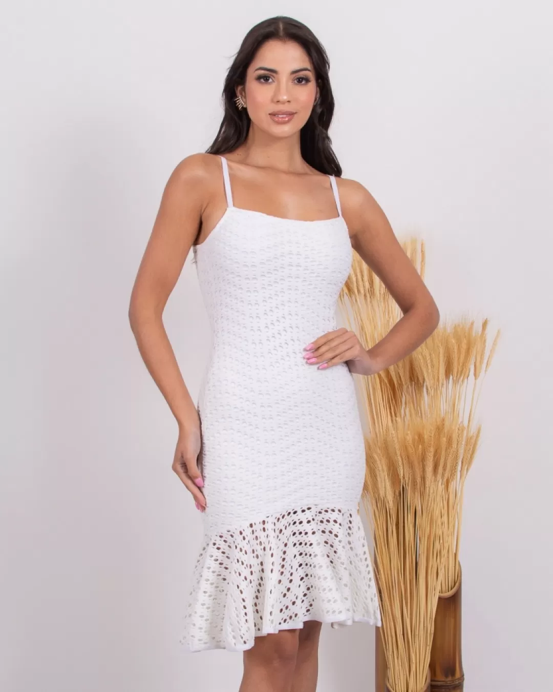 Miss Misses - Vestido Curto Miss Misses Alças Finas Barra Sino Off White - 10012421