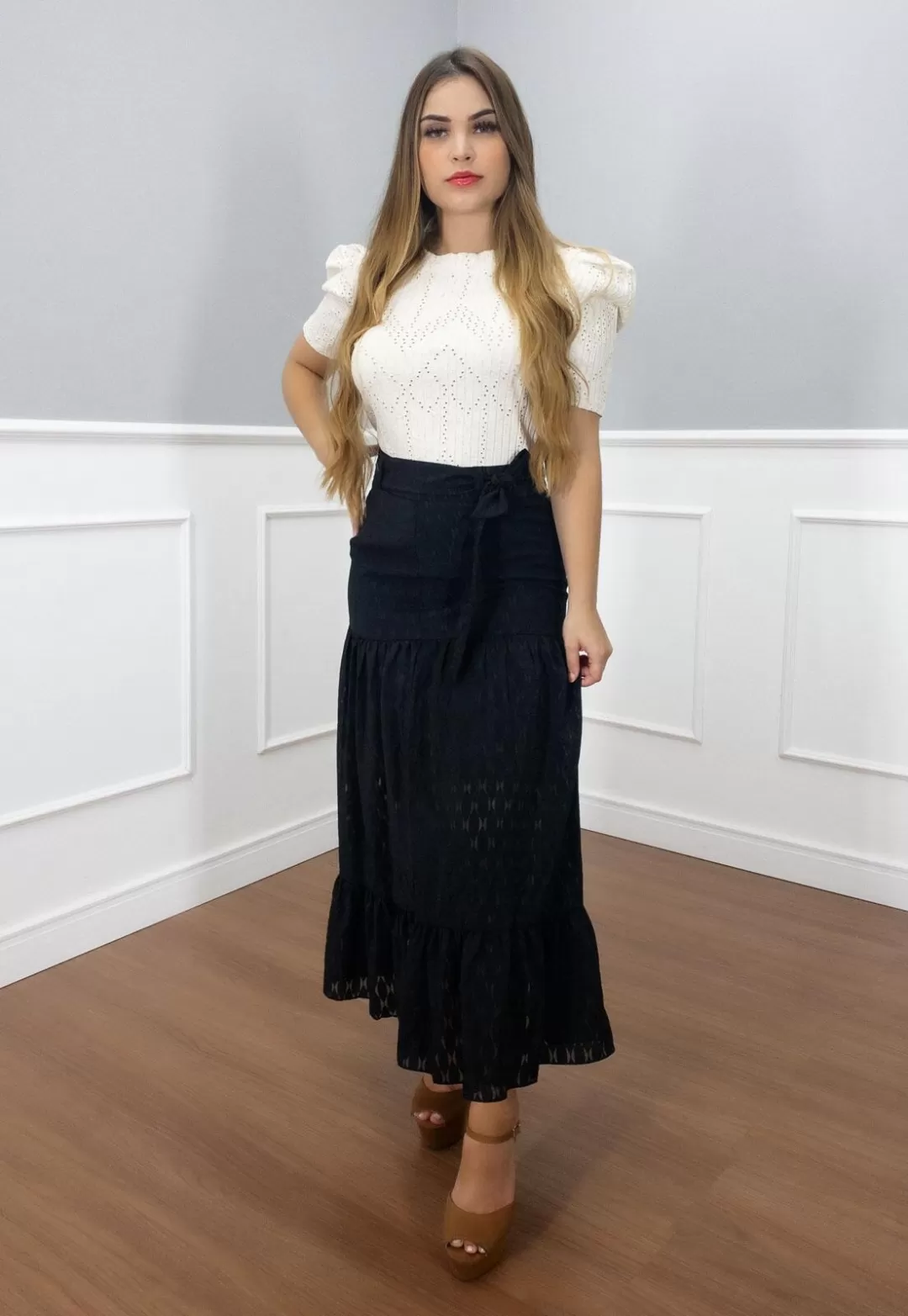 Vanillamint - Skirt Vanillament midi with Black waistband - 1000804