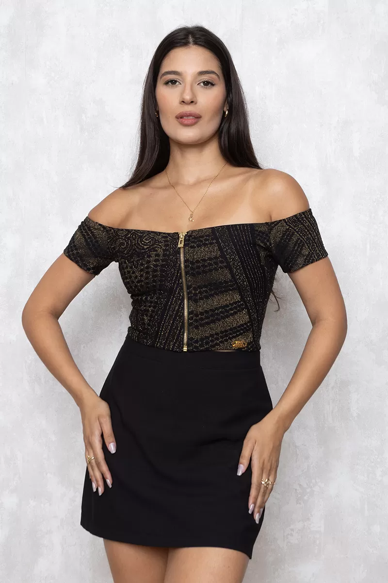 Miss Misses - Cropped Miss Misses zipper neckline Black Gold 10732 - 10009644