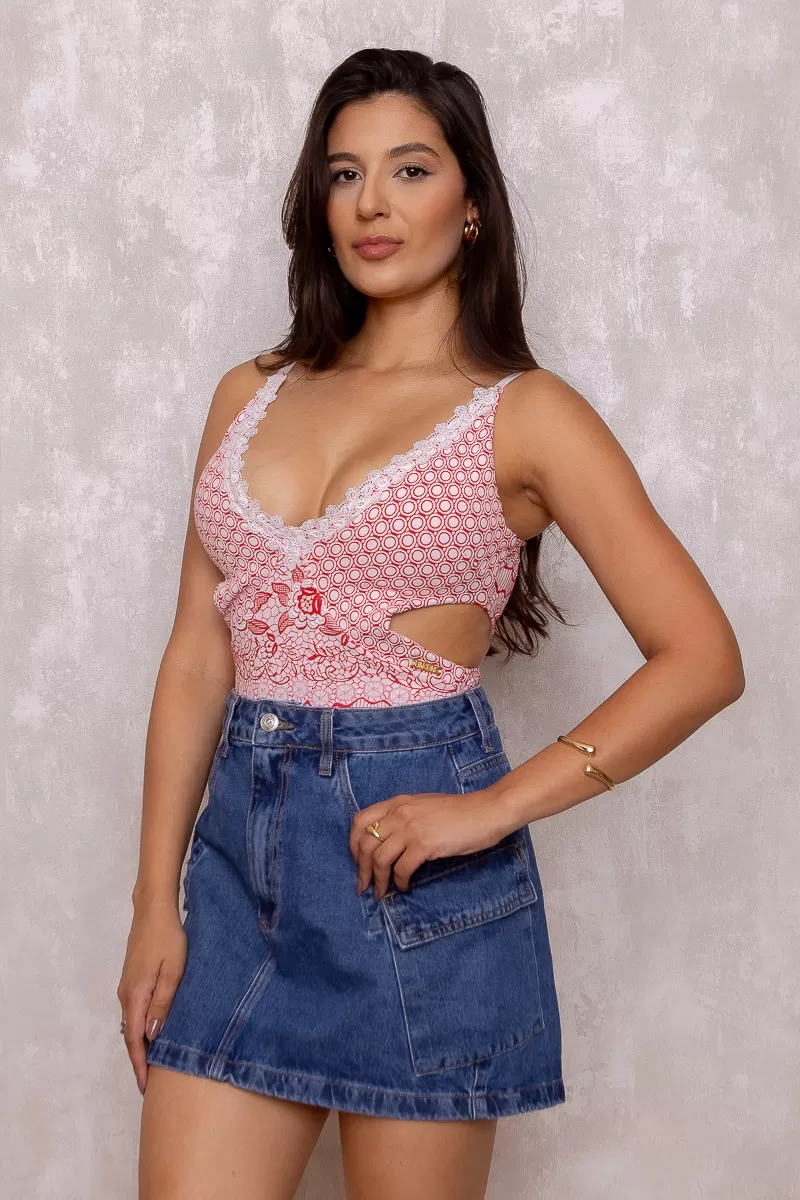 Limone - Body Limone aberto lateral com guipir Estampado Vermelho - 10003898