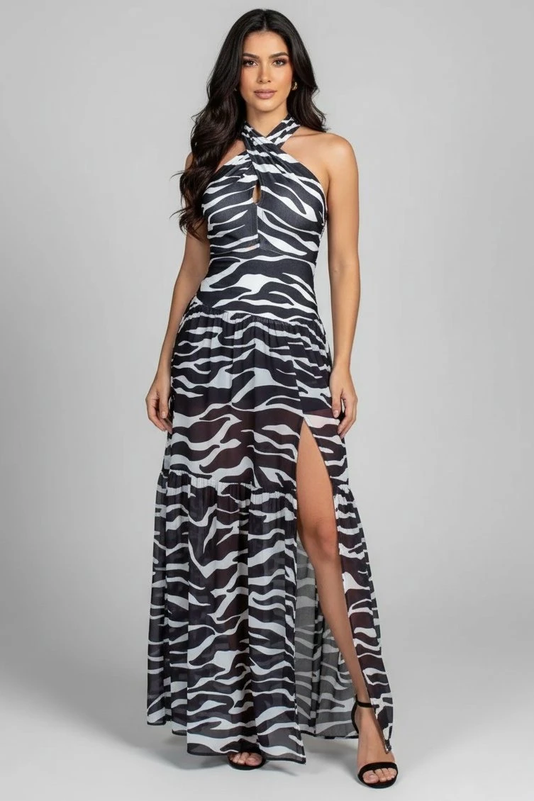 Miss Misses - Miss Misses Long Crossed Dress with Black Zebra Animal Print - 80413001