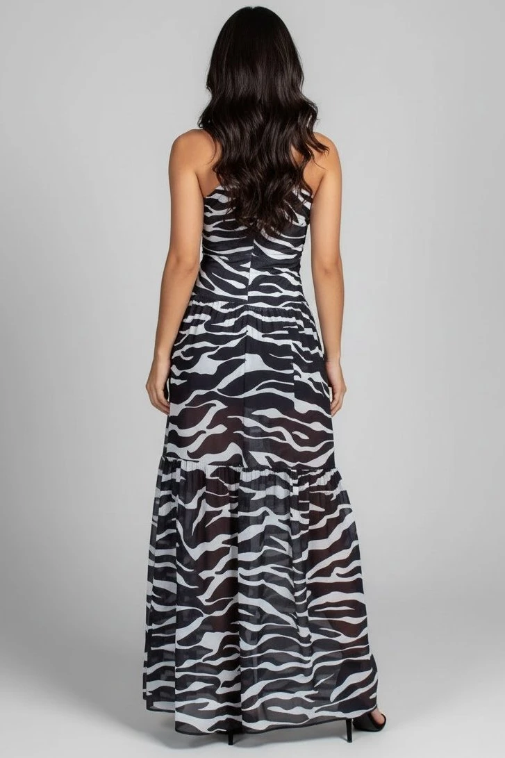 Miss Misses - Miss Misses Long Crossed Dress with Black Zebra Animal Print - 80413001