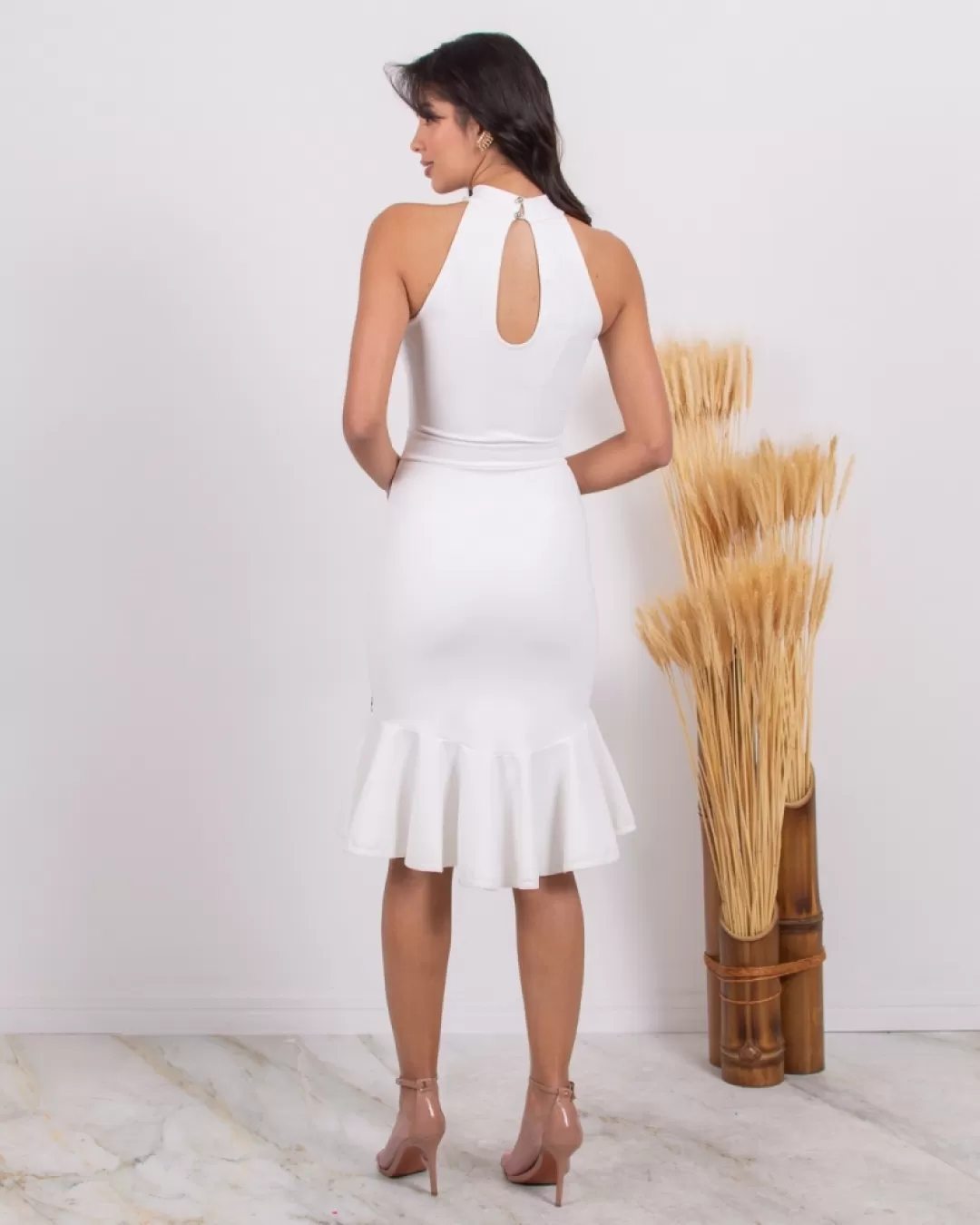 Miss Misses - Vestido Miss Misses Midi Detalhe Gola Offwhite - 10004690