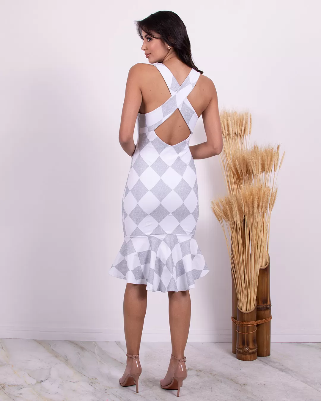 Miss Misses - Vestido Miss Misses Tubinho Cruzado Branco e Prata - 10006147