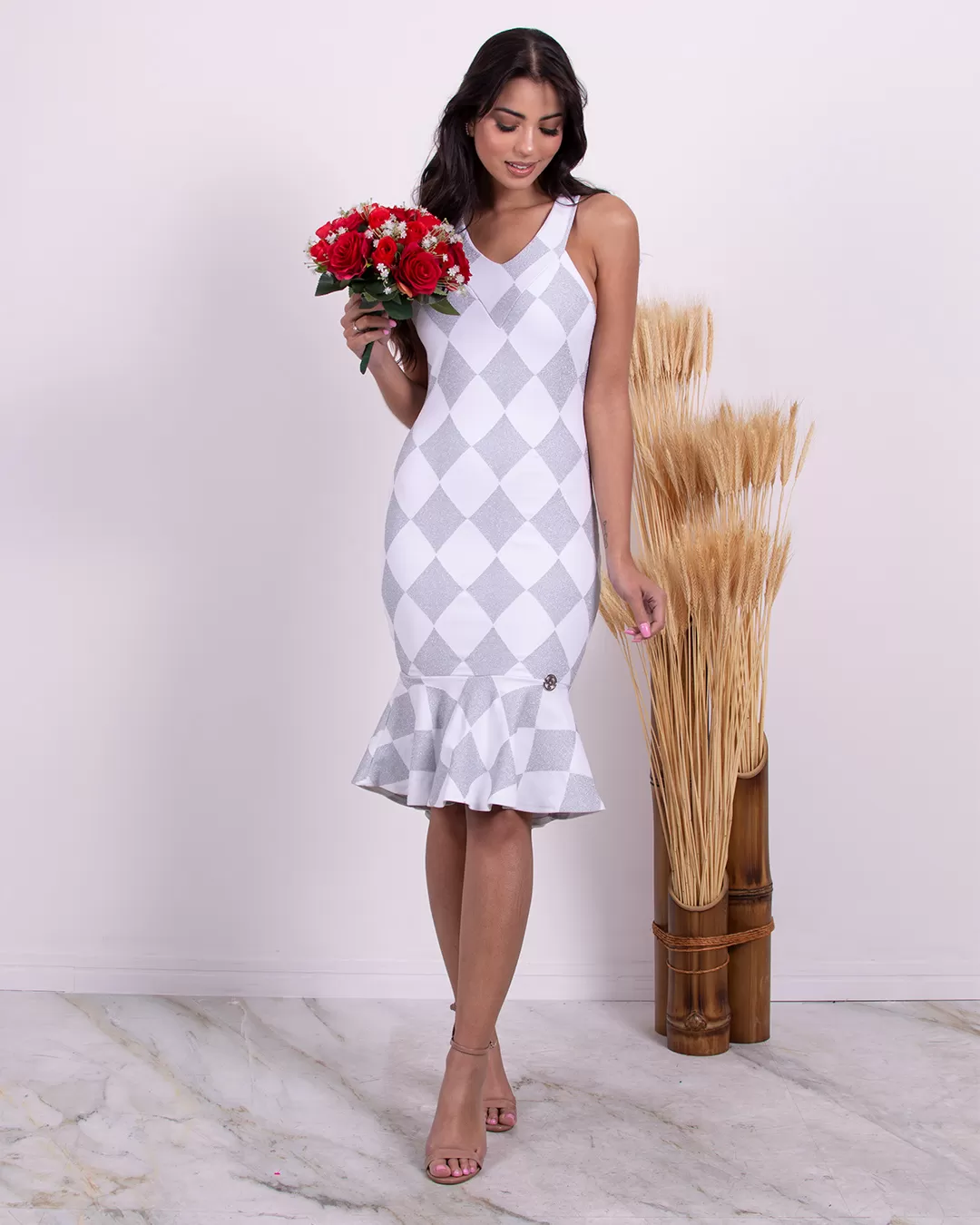 Miss Misses - Vestido Miss Misses Tubinho Cruzado Branco e Prata - 10006147