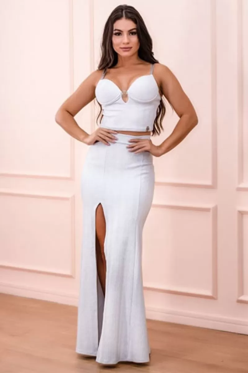 Miss Misses - Conjunto Miss Misses cropped e saia longa Branco/Prata - 10007146