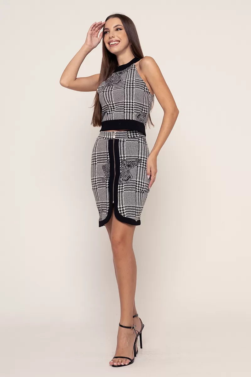 Miss Misses - Conjunto Miss Misses xadrez saia e cropped com ziper Cinza - 10010511