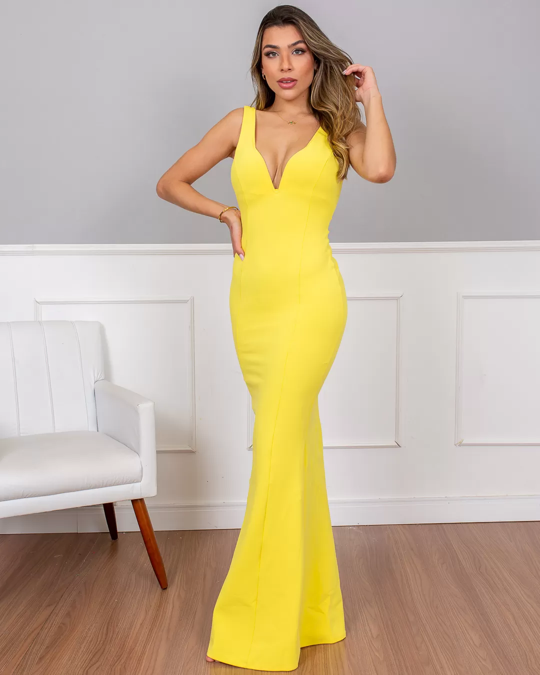 Miss Misses - Vestido Longo Miss Misses Decote V Amarelo - 10004389