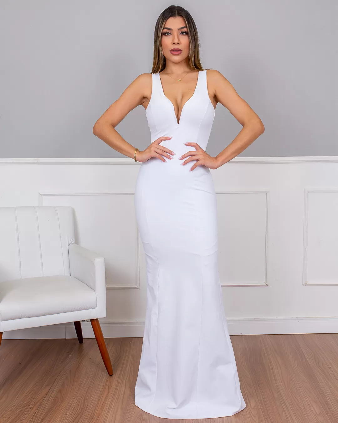 Miss Misses - Vestido Longo Miss Misses Decote V Off White - 10004385
