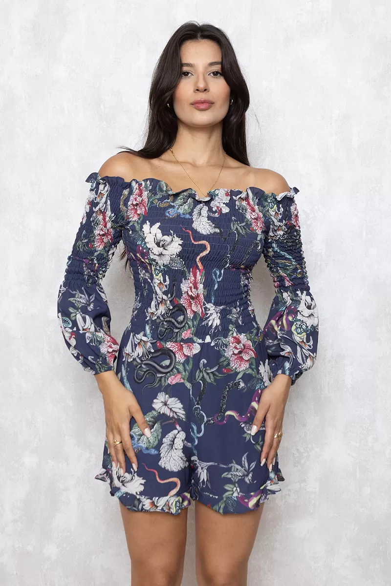  - Blue Printed Crepe Corset romper - 10007789