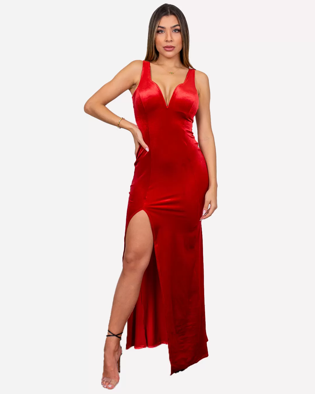 Miss Misses - Vestido Miss Misses Longo Veludo C/ Decote Vermelho - 10004225