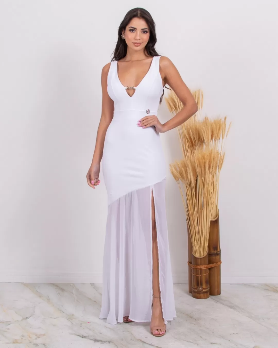 Miss Misses - Vestido Miss Misses Longo Saia Chiffon Branco - 10004556