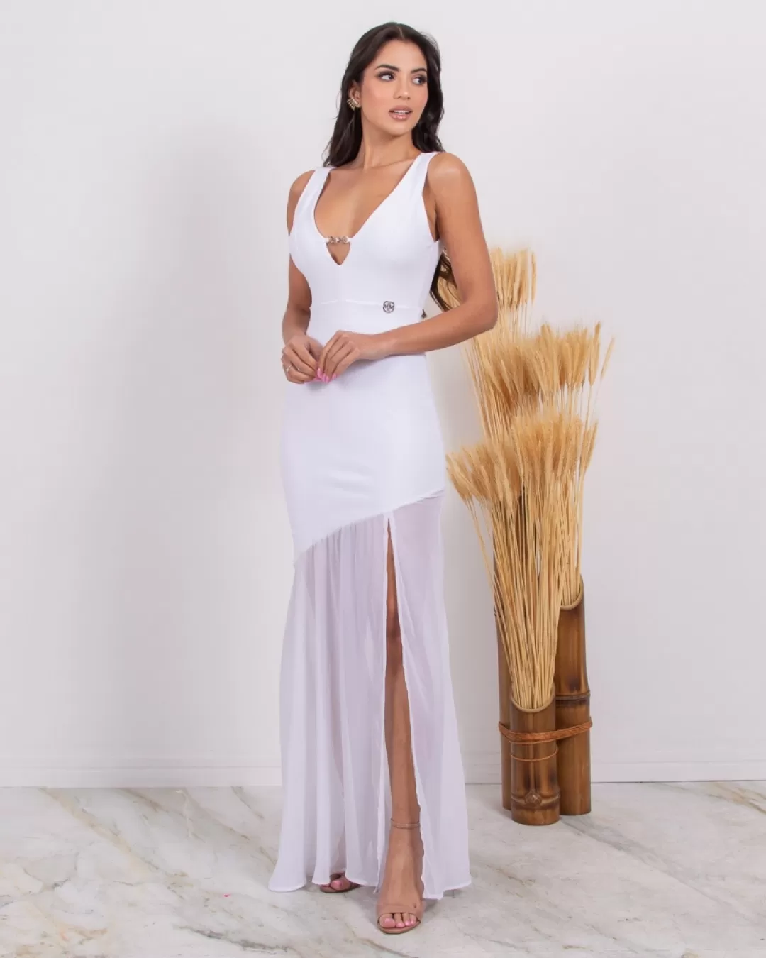 Miss Misses - Vestido Miss Misses Longo Saia Chiffon Branco - 10004556