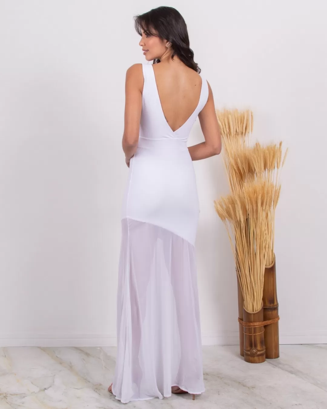 Miss Misses - Vestido Miss Misses Longo Saia Chiffon Branco - 10004556