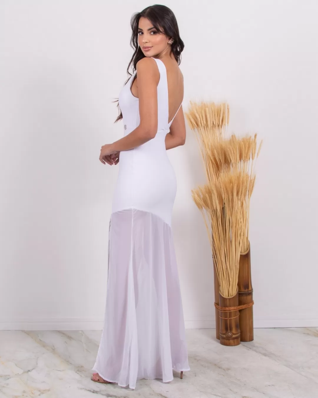 Miss Misses - Vestido Miss Misses Longo Saia Chiffon Branco - 10004556