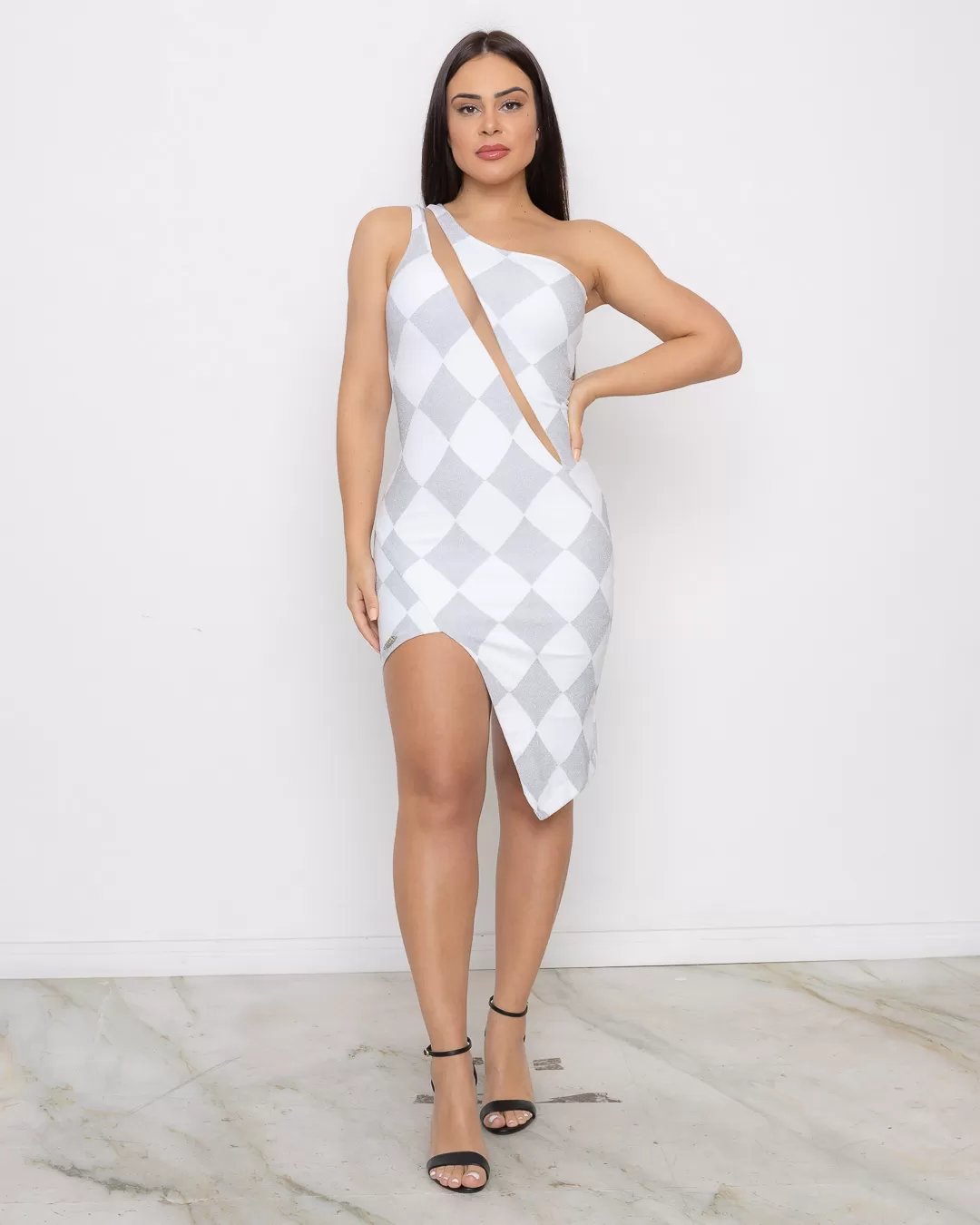 Miss Misses - Vestido Miss Misses 1 ombro só Branco/Prata - 10005389