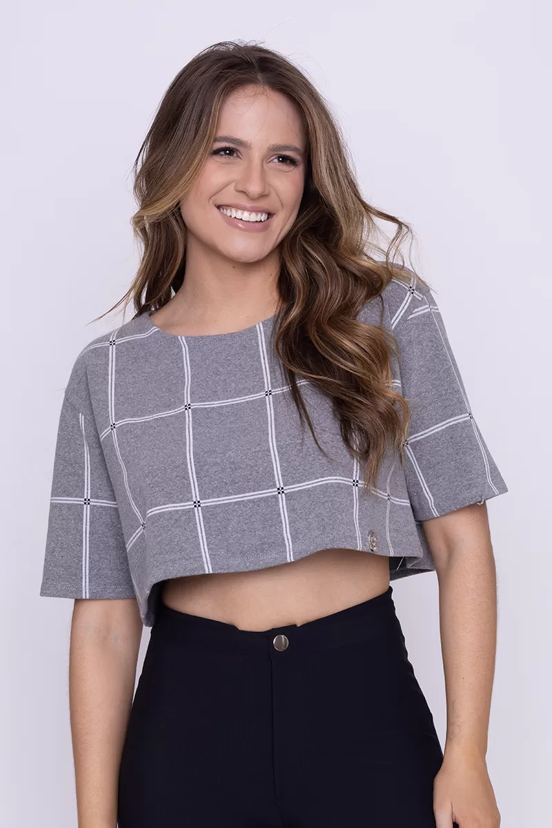 Miss Misses - Cropped Miss Misses Short Sleeve Gray Plaid 00108 - 10009324