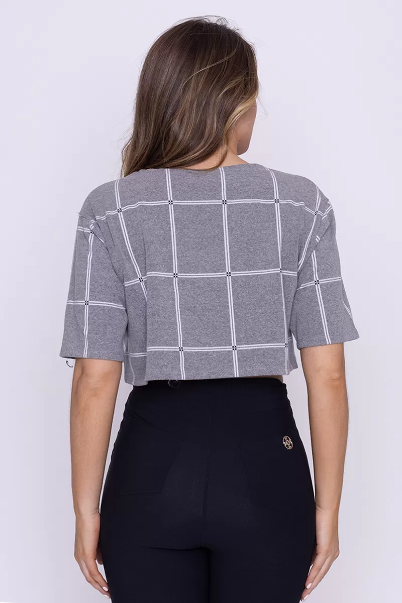 Miss Misses - Cropped Miss Misses Short Sleeve Gray Plaid 00108 - 10009324