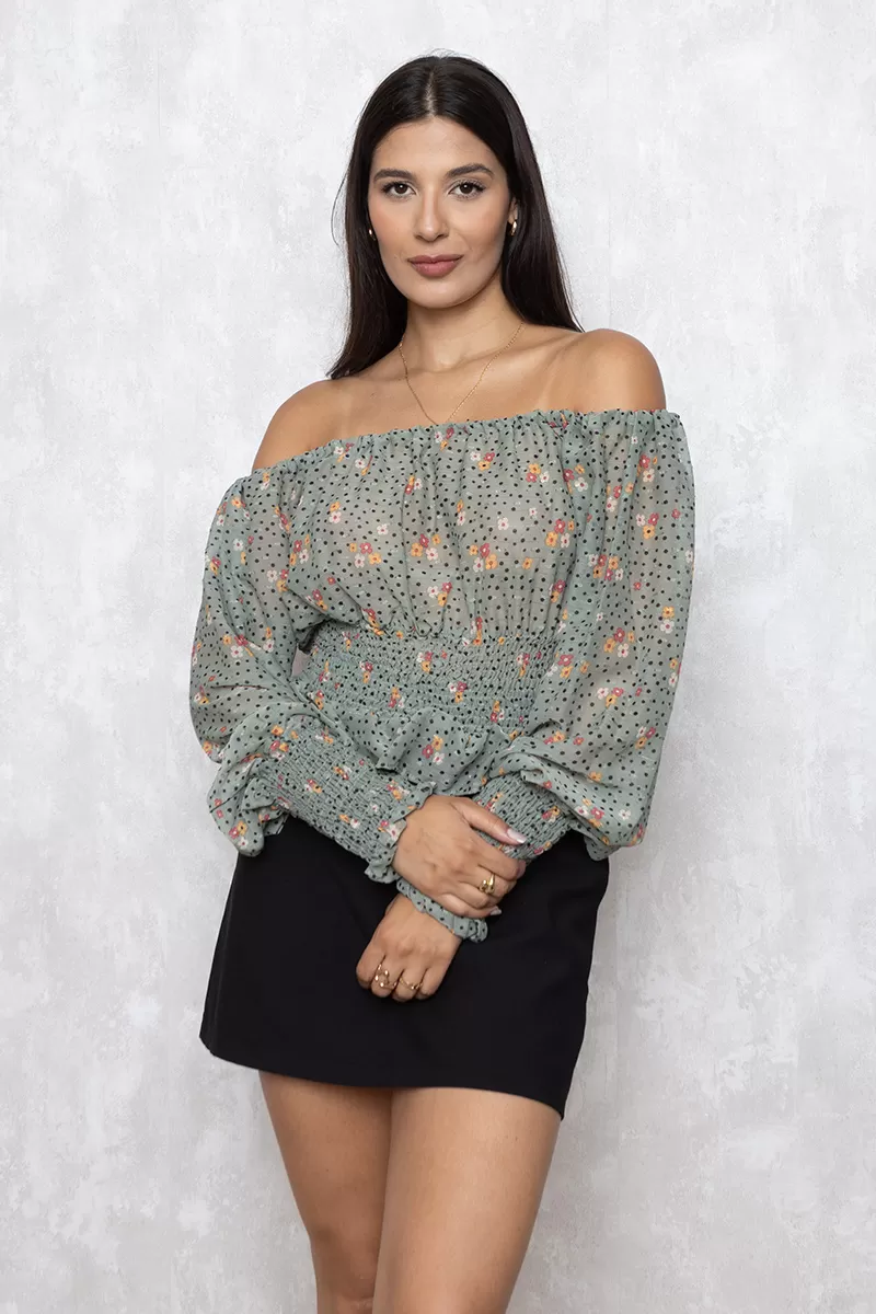 Limone - Cropped Limone Long Sleeve Elastex Green Print - 02-844