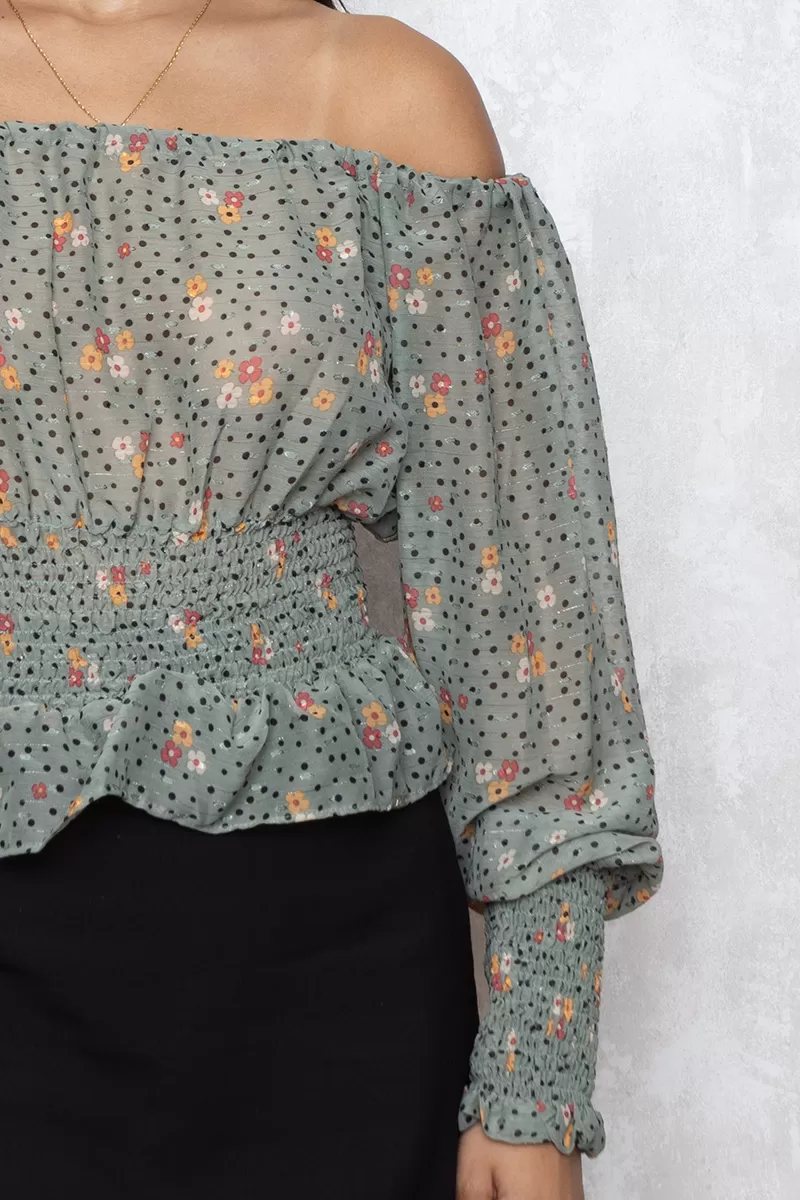 Limone - Cropped Limone Long Sleeve Elastex Green Print - 02-844