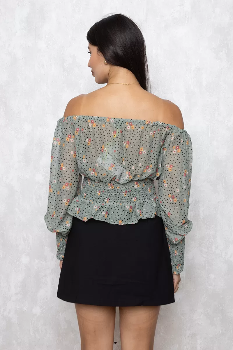 Limone - Cropped Limone Long Sleeve Elastex Green Print - 02-844