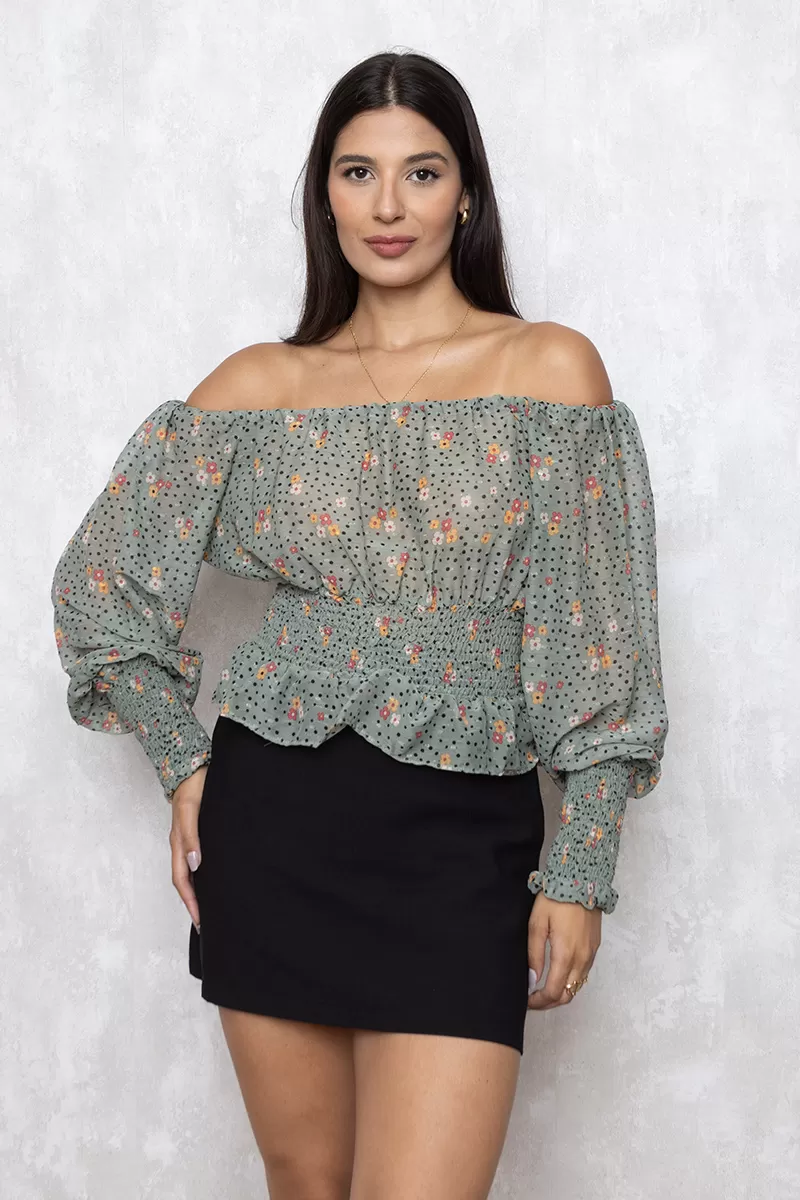 Limone - Cropped Limone Long Sleeve Elastex Green Print - 02-844