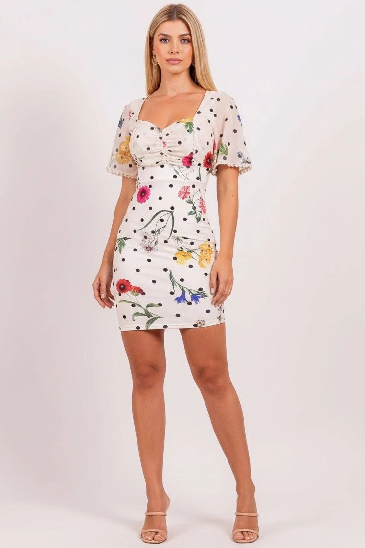 Miss Misses - Vestido Miss Misses Tubinho com Passamanaria e Estampa Poá Bege - 18523215