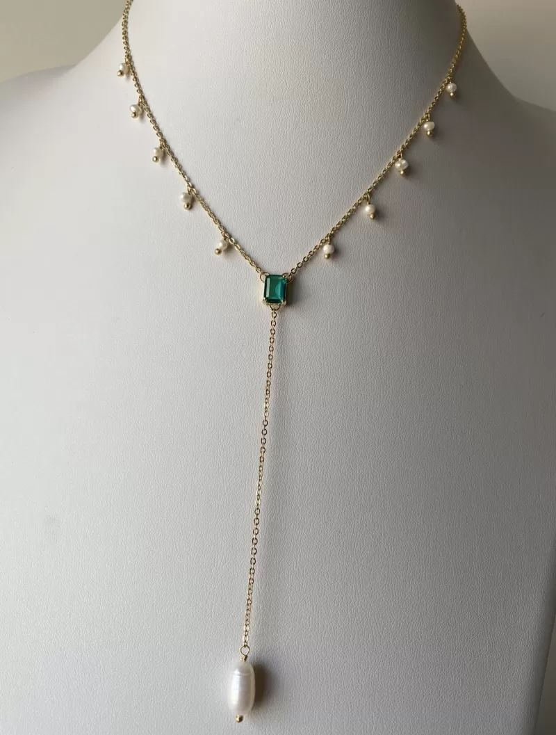Mikabe - Colar Gravatinha Zircônia Verde e Pérolas - MK835