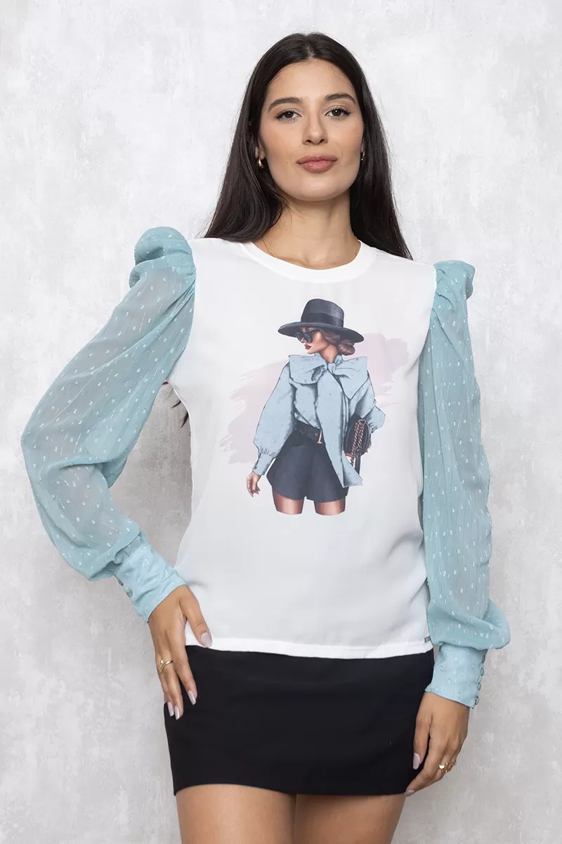 Limone - T-Shirt Limone Estampado Manga Princesa Longa Azul - 02-843AZU