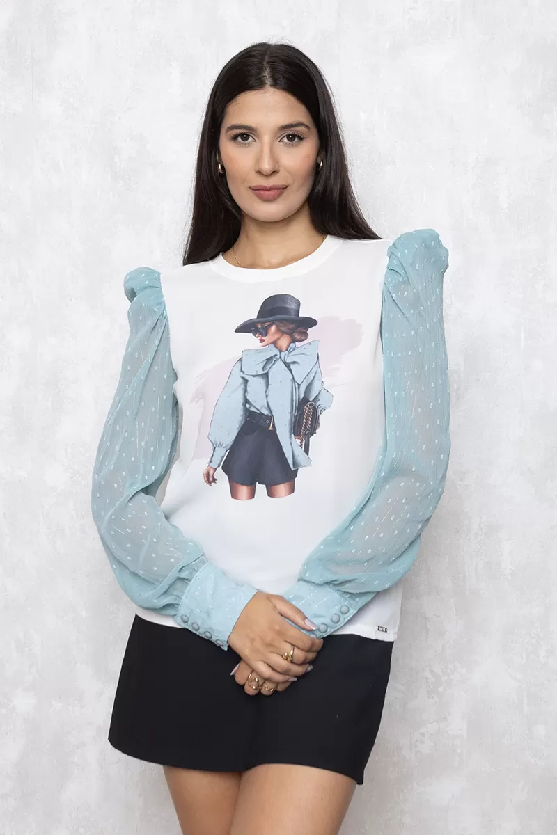 Limone - T-Shirt Limone Estampado Manga Princesa Longa Azul - 02-843AZU