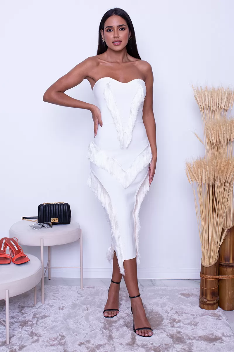 Miss Misses - Dress Miss Misses Tube Hope It Falls Off White with Fringe - 7006OFF