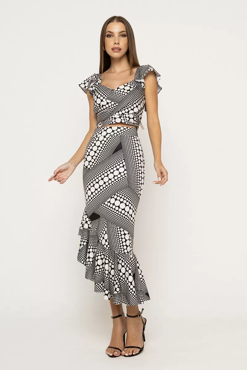 Miss Misses - Fitness Set Top and Pants Miss Misses Cropped and Skirt Midi Black and White - 30206PB