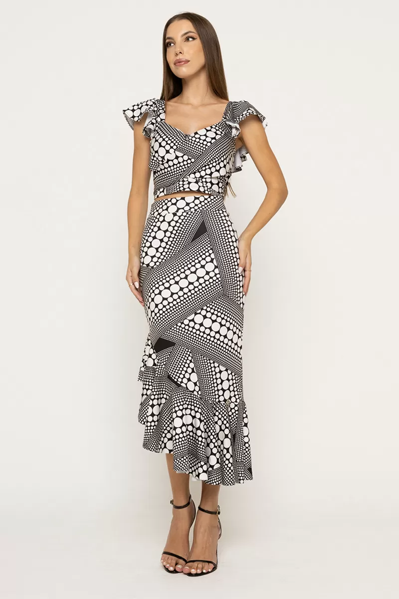 Miss Misses - Fitness Set Top and Pants Miss Misses Cropped and Skirt Midi Black and White - 30206PB